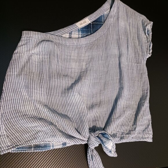 Bella Dahl One-Shoulder Tie Front Blue/White Striped Cotton Blouse S - Picture 7 of 12